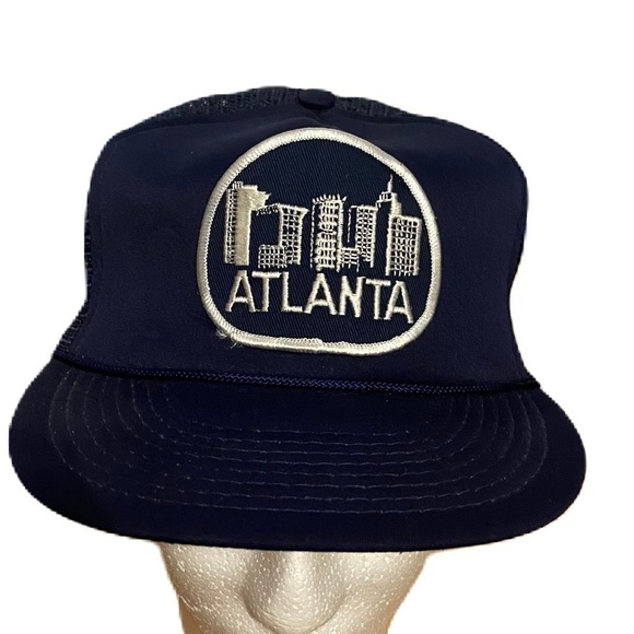Vintage Atlanta Patch Snap Back Hat Mesh Trucker Georgia City Navy Blue - Picture 1 of 11
